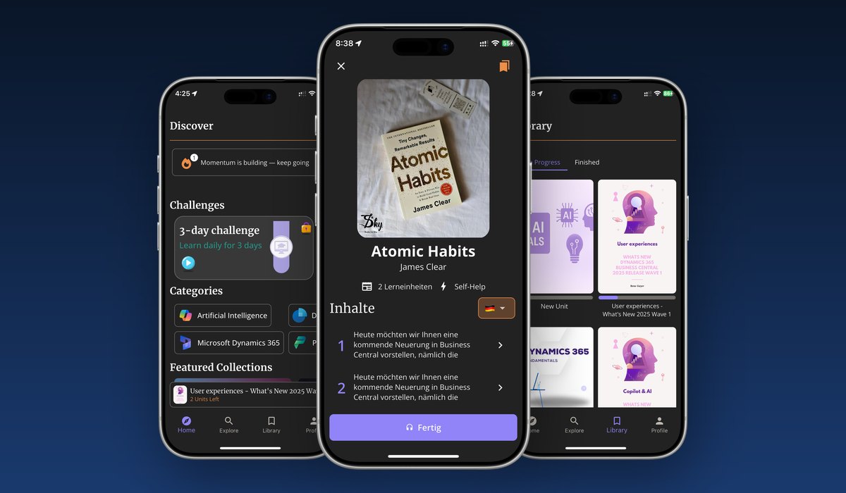 Saindy365 app on three iPhones: Discover, a book page and the Library