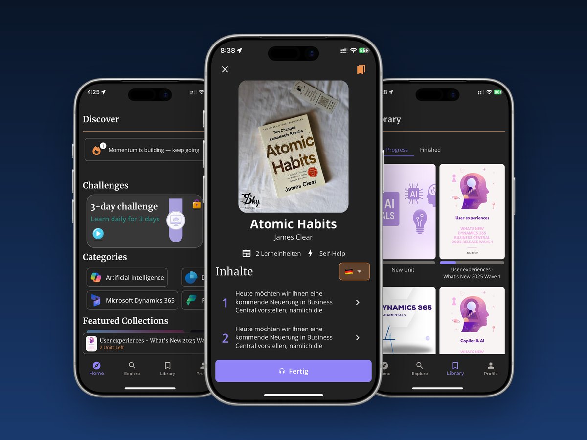 Saindy365 app on three iPhones: Discover, a book page and the Library