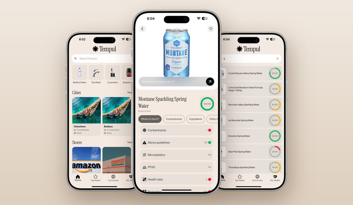 Tempul Health app on three iPhones: home, a product score and search results