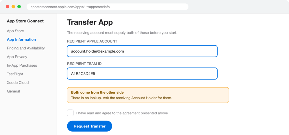 The Apple app transfer form asking for the recipient's Apple Account and Team ID