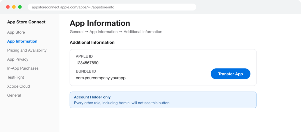 App Store Connect showing the Transfer App button under Additional Information on the App Information page