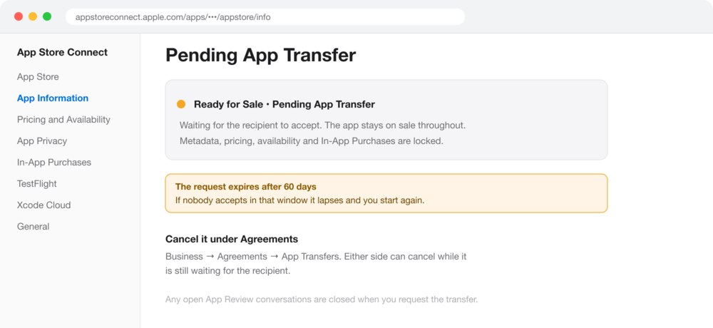 An app showing Ready for Sale with Pending App Transfer status, noting the 60 day expiry