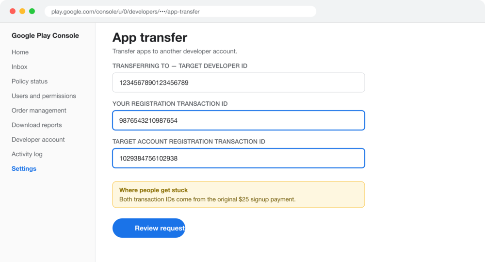 The Google Play Console App transfer form with fields for the target developer ID and both registration transaction IDs