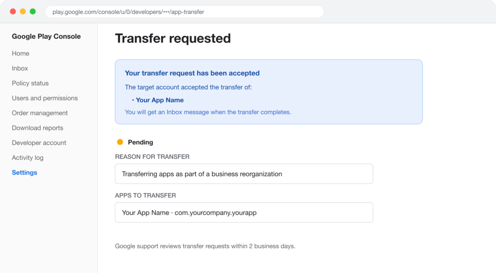 A Google Play Console transfer request showing an accepted status and a pending review state