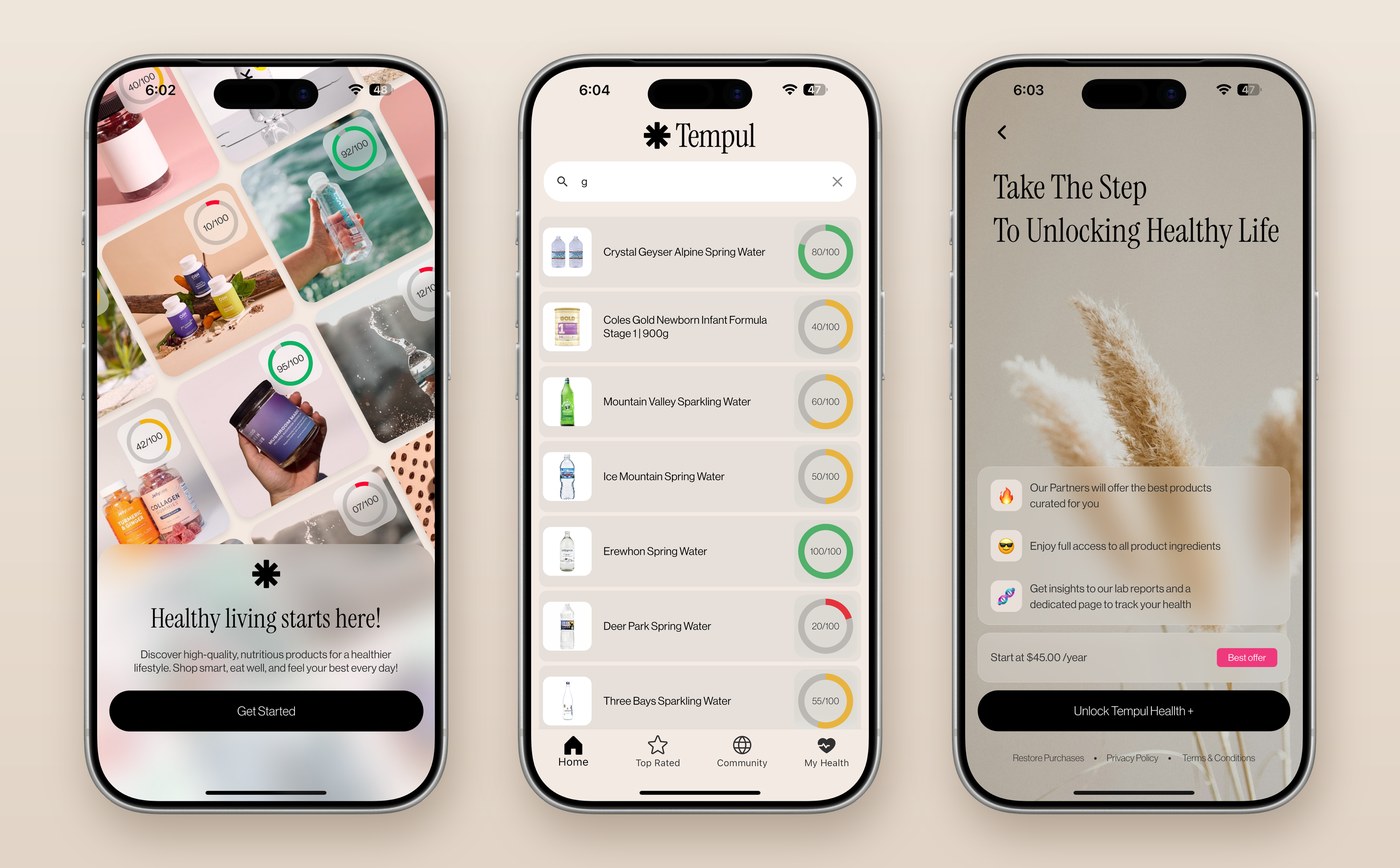 Three more Tempul Health screens on iPhone: onboarding with scored product photos, search results with a score ring beside each product, and the Tempul Health+ subscription paywall